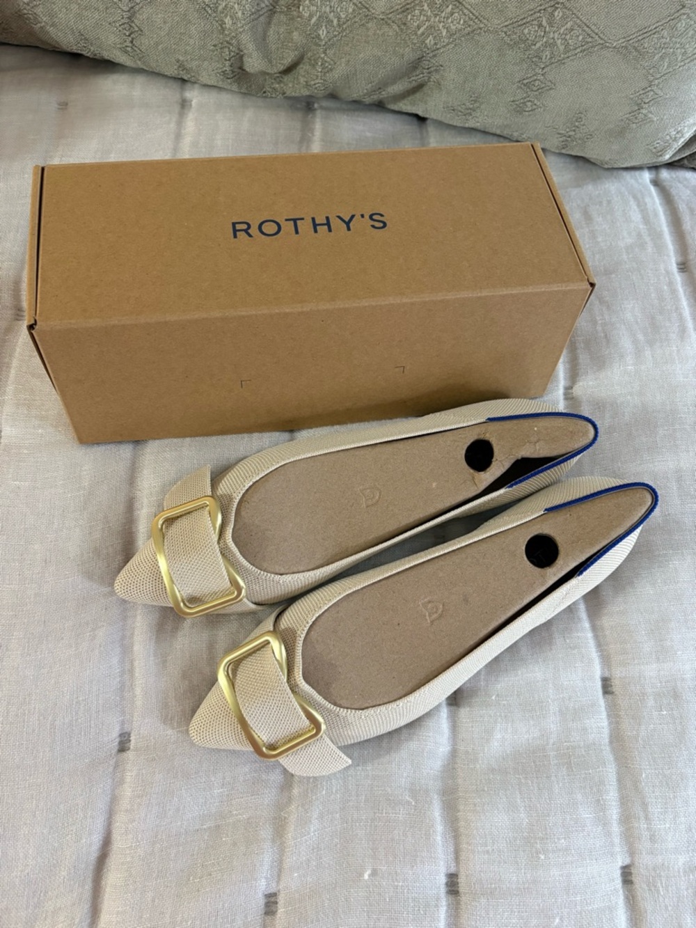 Rothy's The Emblem Point II - Women's Cream Pointed-Toe Flats with Gold Buckle